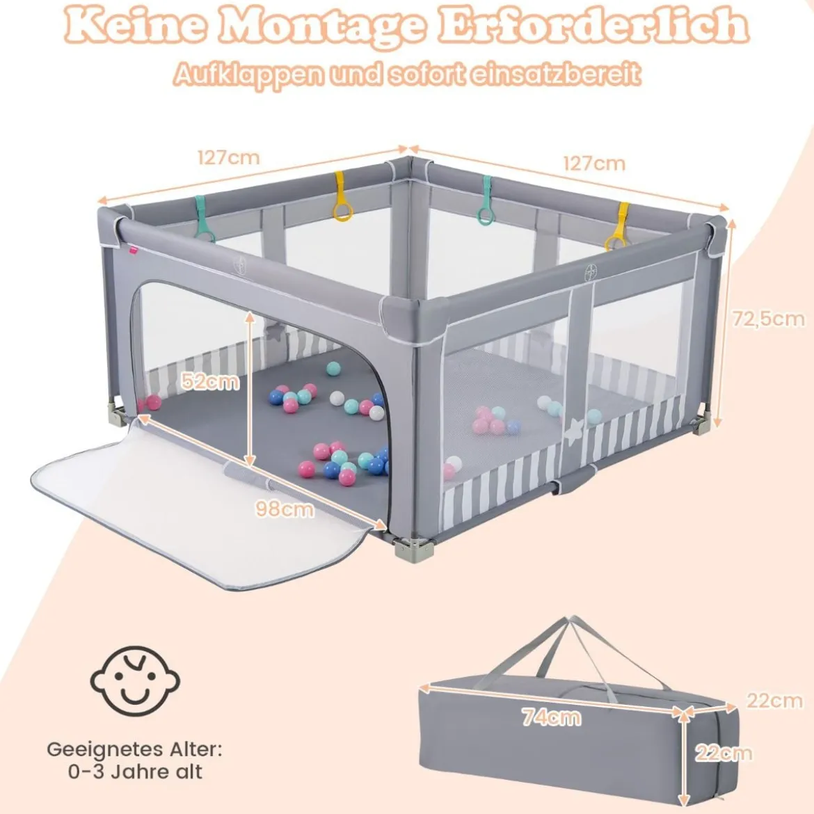 127 x 127 cm großer Baby-Laufstall BPA-freier faltbarer Kleinkinder-Spielzaun mit Reißverschlusstor Grau