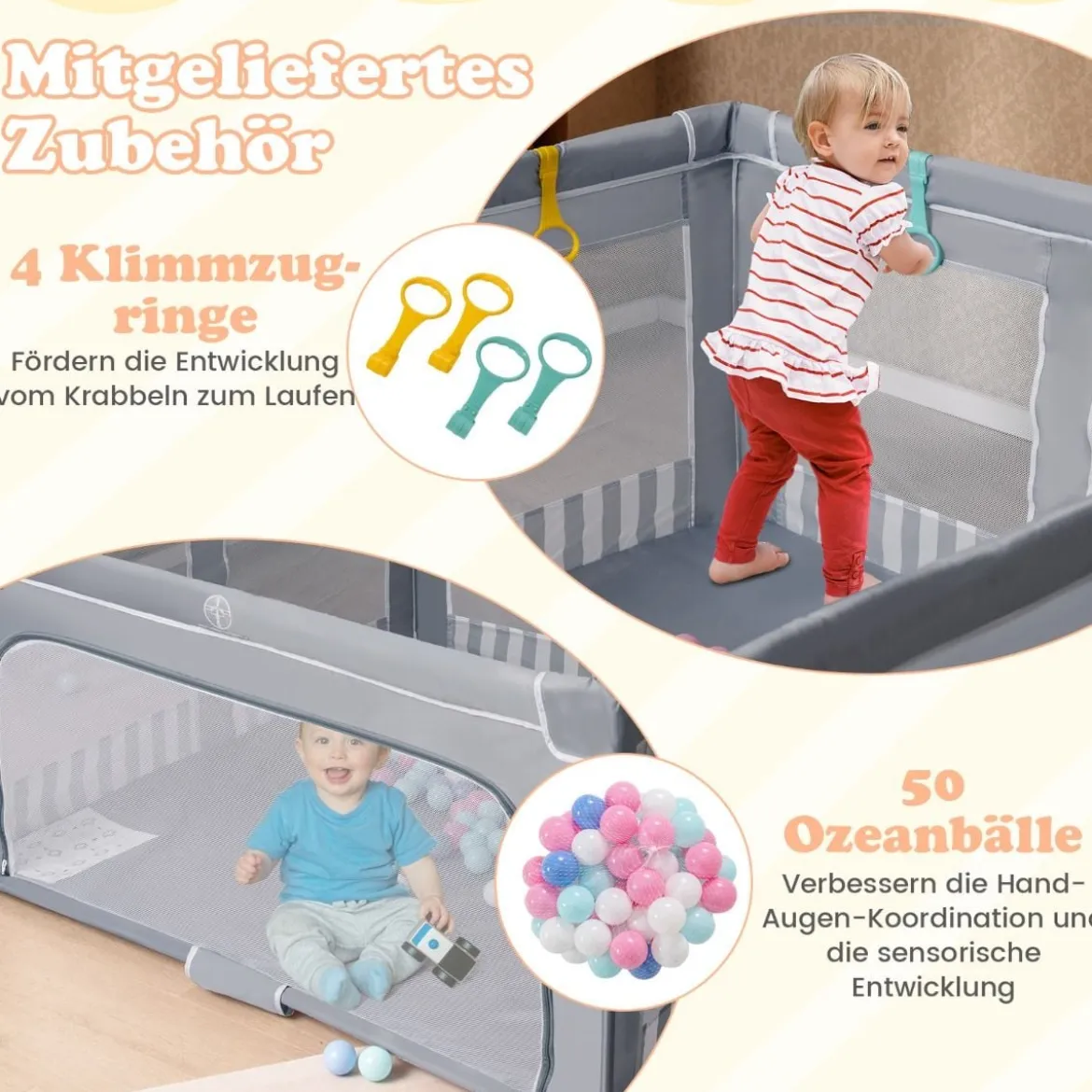 127 x 127 cm großer Baby-Laufstall BPA-freier faltbarer Kleinkinder-Spielzaun mit Reißverschlusstor Grau