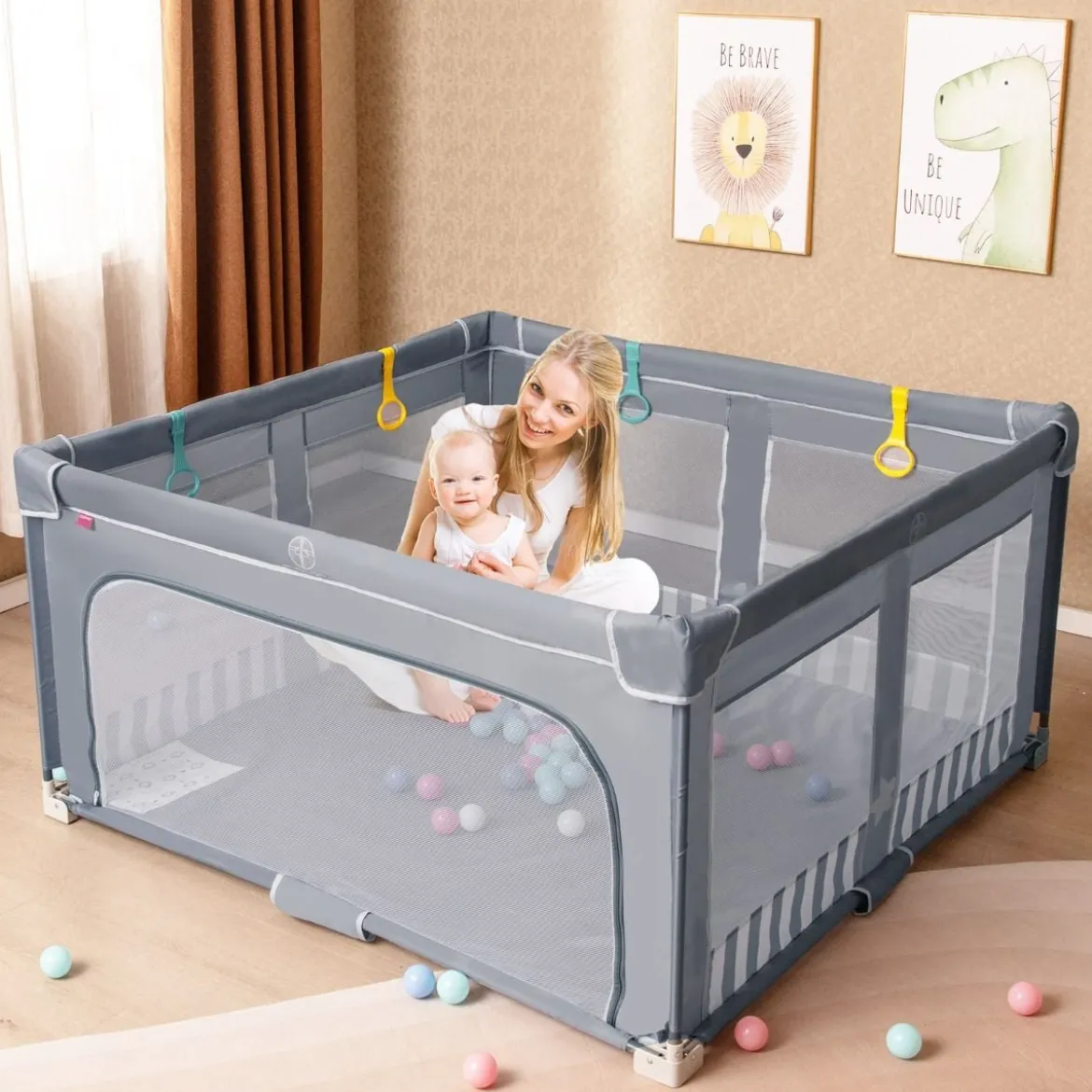 127 x 127 cm großer Baby-Laufstall BPA-freier faltbarer Kleinkinder-Spielzaun mit Reißverschlusstor Grau