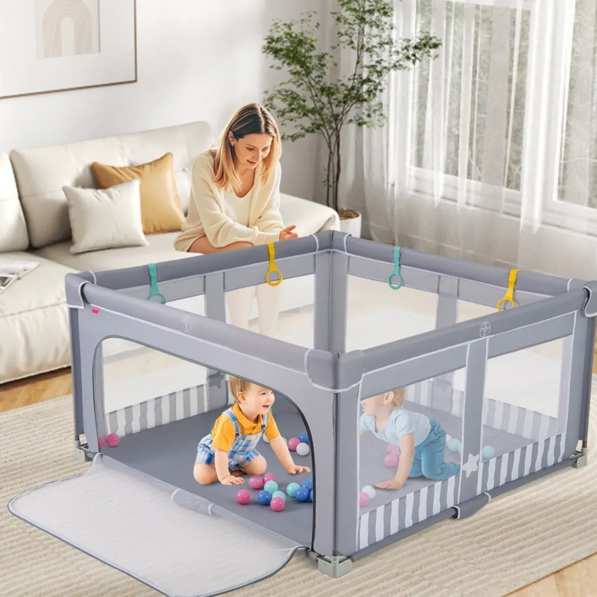 127 x 127 cm großer Baby-Laufstall BPA-freier faltbarer Kleinkinder-Spielzaun mit Reißverschlusstor Grau