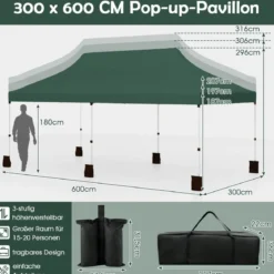 300 x 600 cm großes Pop-up-Überdachungszelt klappbares Eventzelt mit Tragetasche Weiß/Grün/Grau/Schwarz/Blau
