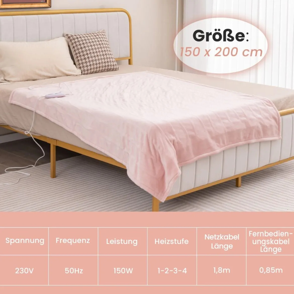 150 x 200 cm Heizdecke mit Abschaltautomatik & Timer & Überhitzungsschutz Wärmedecke Rosa