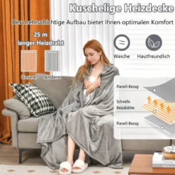 150 x 200 cm Heizdecke mit Abschaltautomatik & 4 Temperaturstufen & 8 Std. Timer Grau