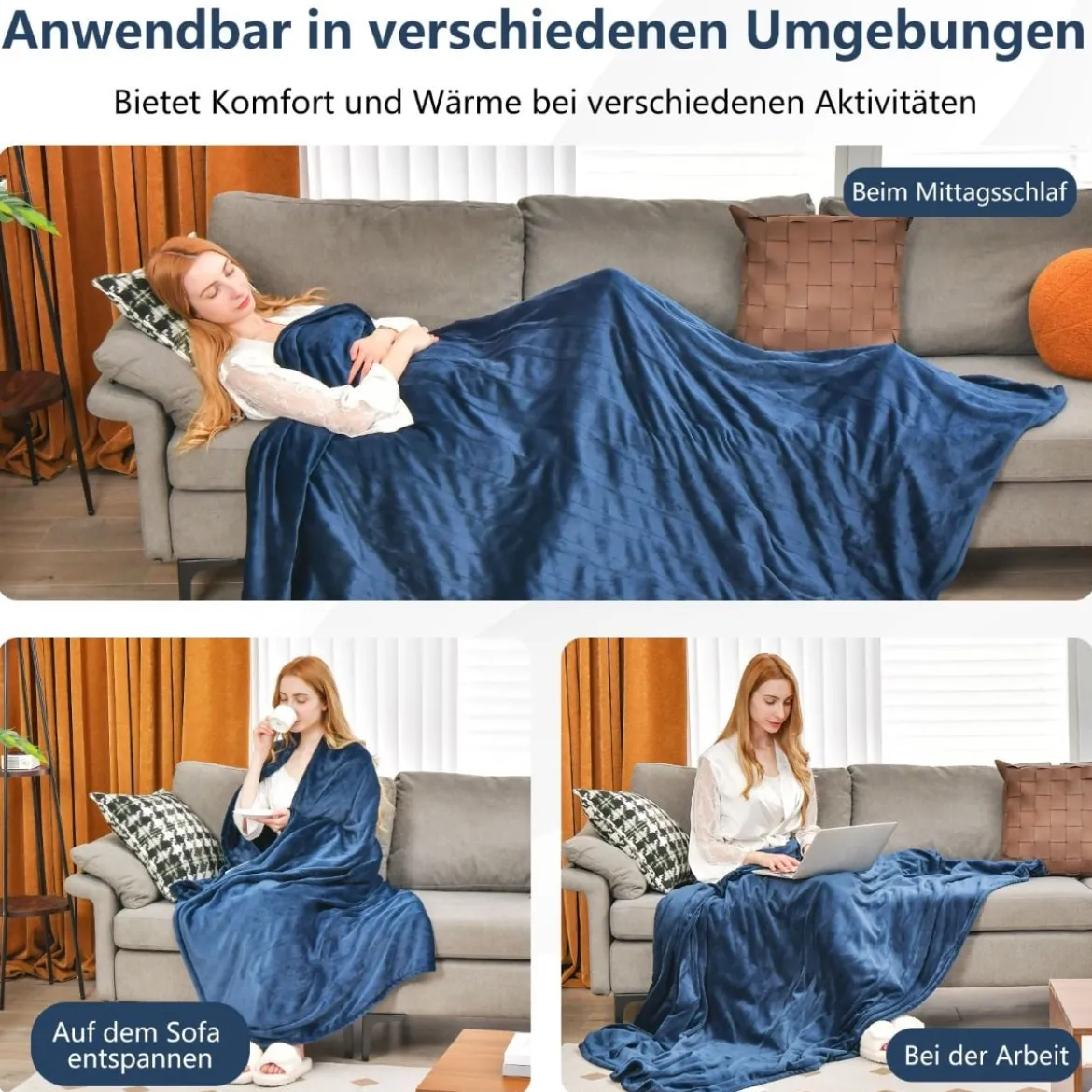 150 x 200 cm Heizdecke mit Abschaltautomatik & Timer & Überhitzungsschutz Blau