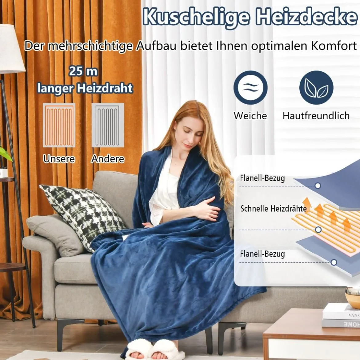 150 x 200 cm Heizdecke mit Abschaltautomatik & Timer & Überhitzungsschutz Blau
