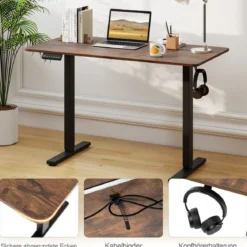 120 x 60 cm Höhenverstellbarer Schreibtisch mit Haken Elektrischer Stehschreibtisch Rustikales Braun