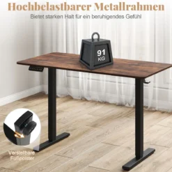120 x 60 cm Höhenverstellbarer Schreibtisch mit Haken Elektrischer Stehschreibtisch Rustikales Braun