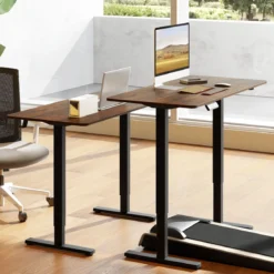 120 x 60 cm Höhenverstellbarer Schreibtisch mit Haken Elektrischer Stehschreibtisch Rustikales Braun