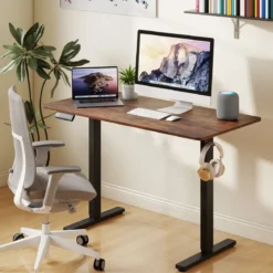 120 x 60 cm Höhenverstellbarer Schreibtisch mit Haken Elektrischer Stehschreibtisch Rustikales Braun