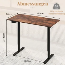 120 x 60 cm Höhenverstellbarer Schreibtisch mit Haken Elektrischer Stehschreibtisch Rustikales Braun