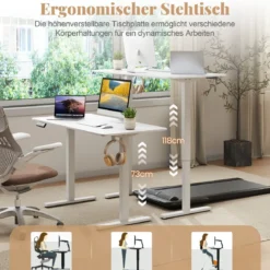 120 x 60 cm Höhenverstellbarer Schreibtisch mit Haken Elektrischer Stehschreibtisch Weiß