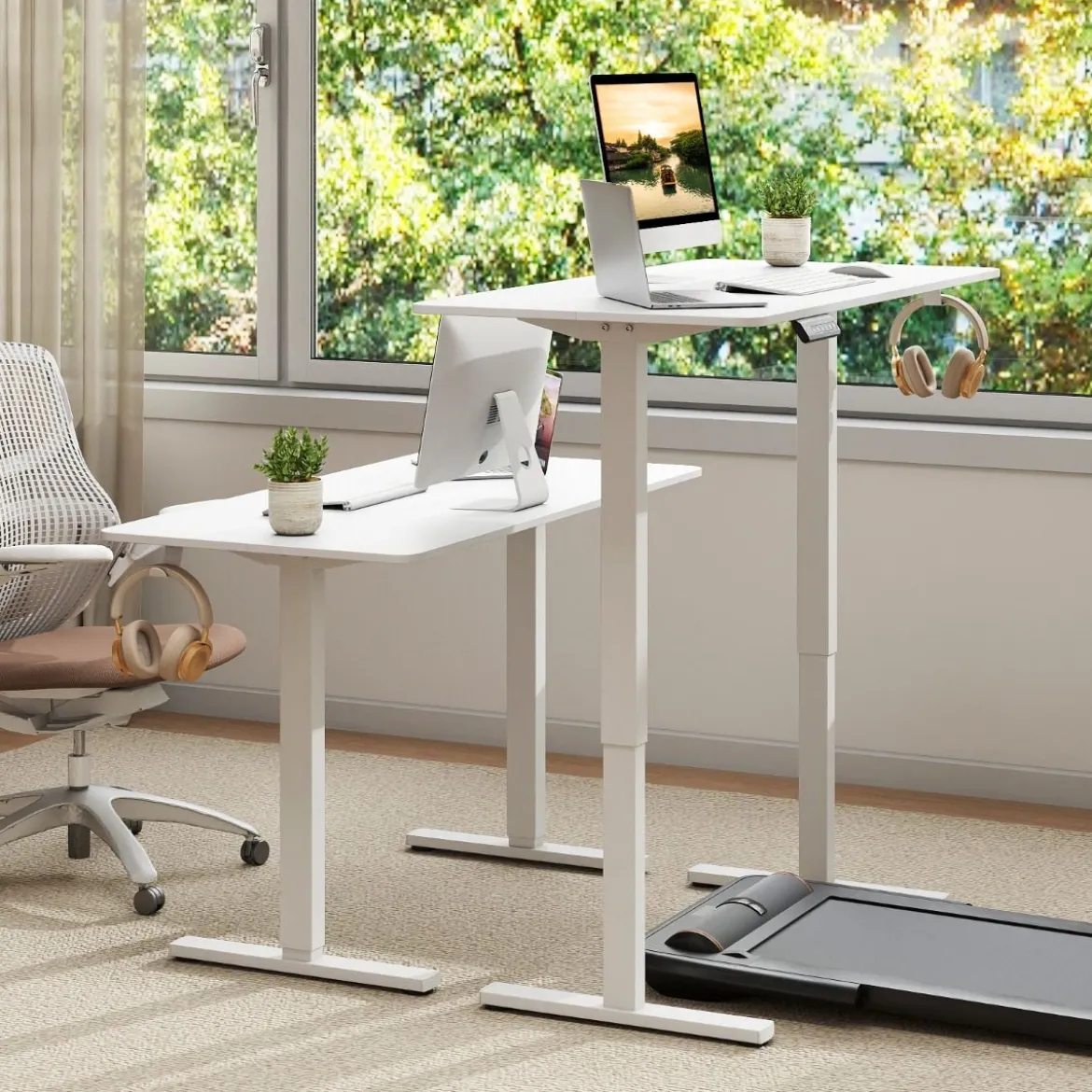 120 x 60 cm Höhenverstellbarer Schreibtisch mit Haken Elektrischer Stehschreibtisch Weiß