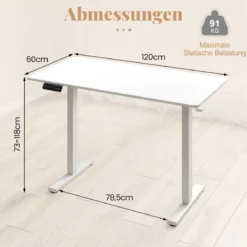 120 x 60 cm Höhenverstellbarer Schreibtisch mit Haken Elektrischer Stehschreibtisch Weiß