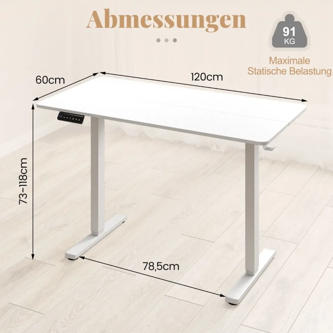 120 x 60 cm Höhenverstellbarer Schreibtisch mit Haken Elektrischer Stehschreibtisch Weiß