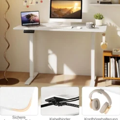 120 x 60 cm Höhenverstellbarer Schreibtisch mit Haken Elektrischer Stehschreibtisch Weiß