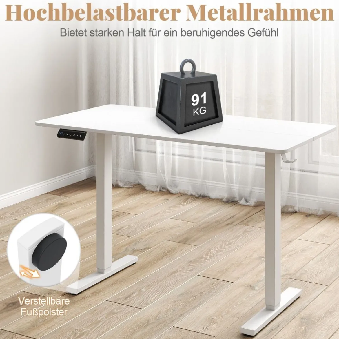120 x 60 cm Höhenverstellbarer Schreibtisch mit Haken Elektrischer Stehschreibtisch Weiß