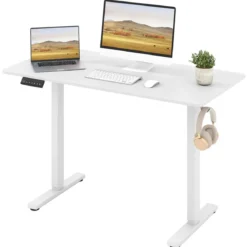 120 x 60 cm Höhenverstellbarer Schreibtisch mit Haken Elektrischer Stehschreibtisch Weiß