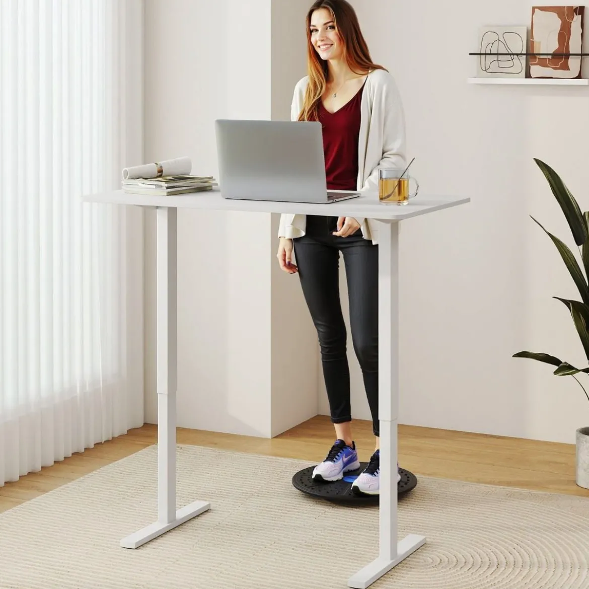 120 x 60 cm Höhenverstellbarer Schreibtisch mit Haken Elektrischer Stehschreibtisch Weiß