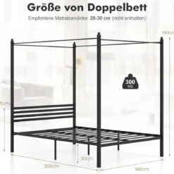 140 x 200 cm Himmelbett Bettgestell mit Lattenrost Metallbett Doppelbett Bettrahmen Schwarz