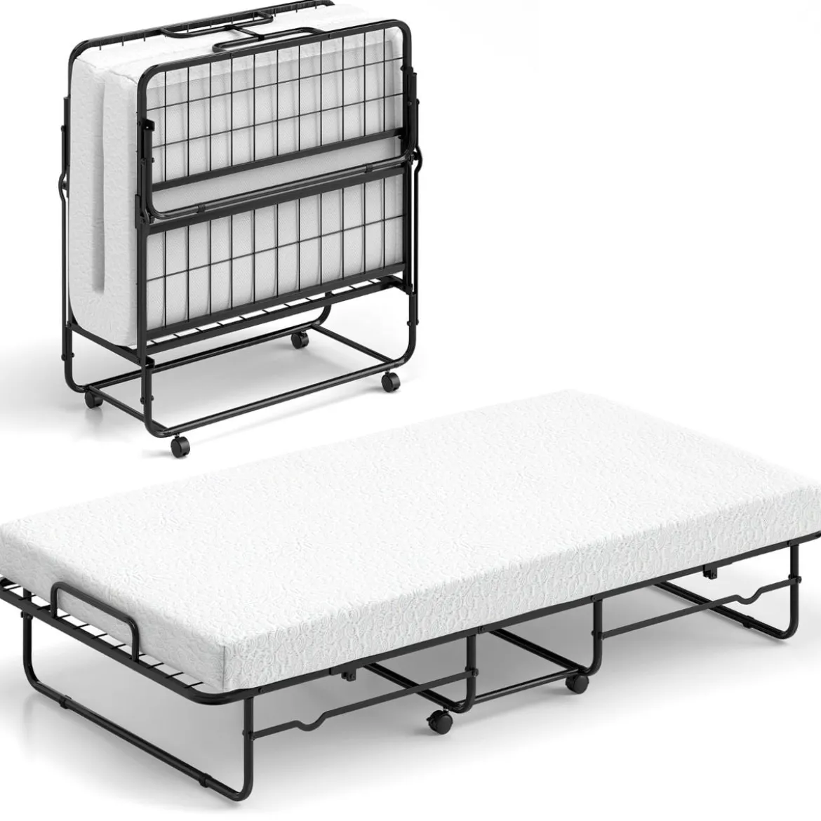 190 x 90 cm Klappbett mit Matratze & Feststellbaren Rollen Tragbares Gästebett