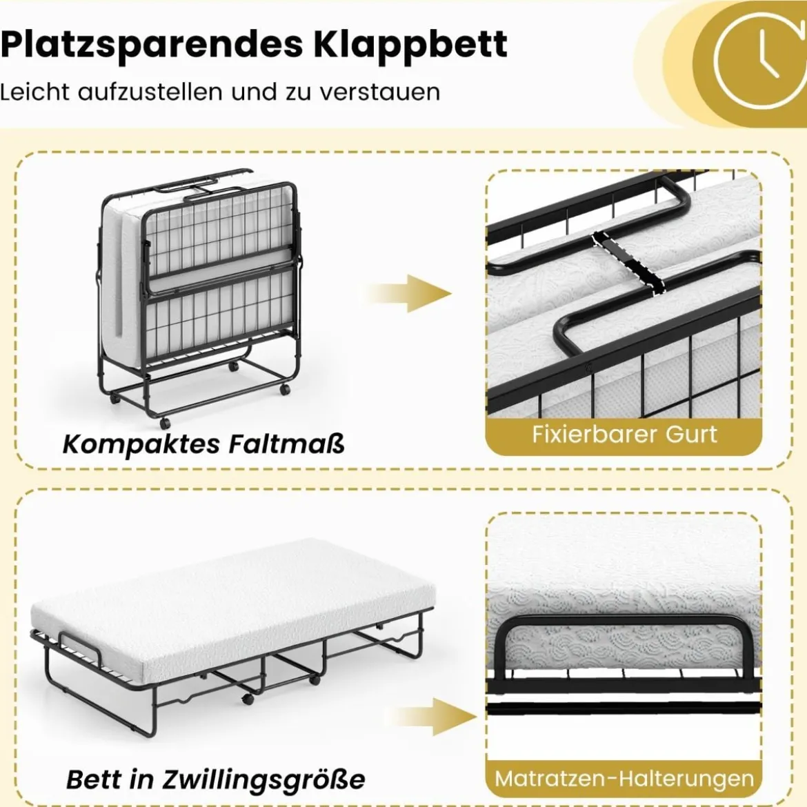 190 x 90 cm Klappbett mit Matratze & Feststellbaren Rollen Tragbares Gästebett