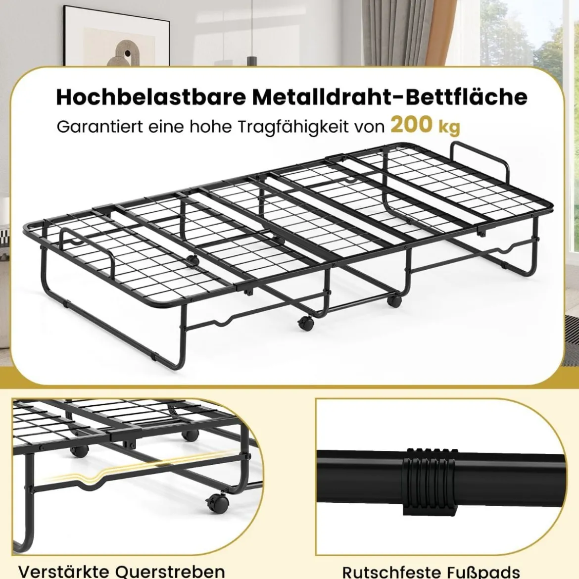 190 x 90 cm Klappbett mit Matratze & Feststellbaren Rollen Tragbares Gästebett