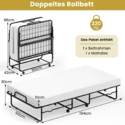 190 x 90 cm Klappbett mit Matratze & Feststellbaren Rollen Tragbares Gästebett