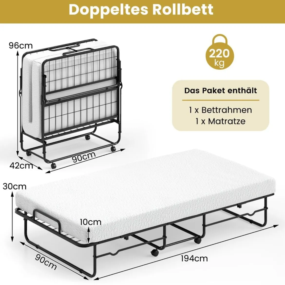 190 x 90 cm Klappbett mit Matratze & Feststellbaren Rollen Tragbares Gästebett