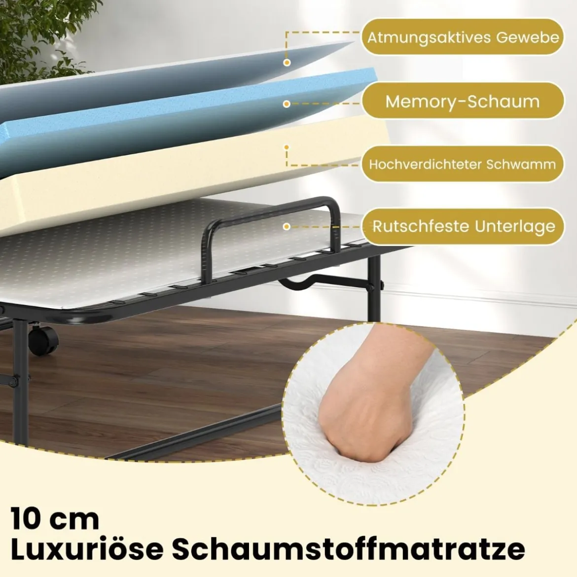 190 x 90 cm Klappbett mit Matratze & Feststellbaren Rollen Tragbares Gästebett
