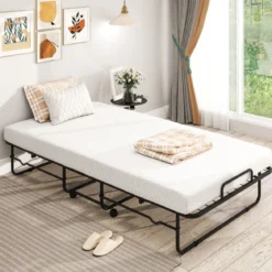 190 x 90 cm Klappbett mit Matratze & Feststellbaren Rollen Tragbares Gästebett