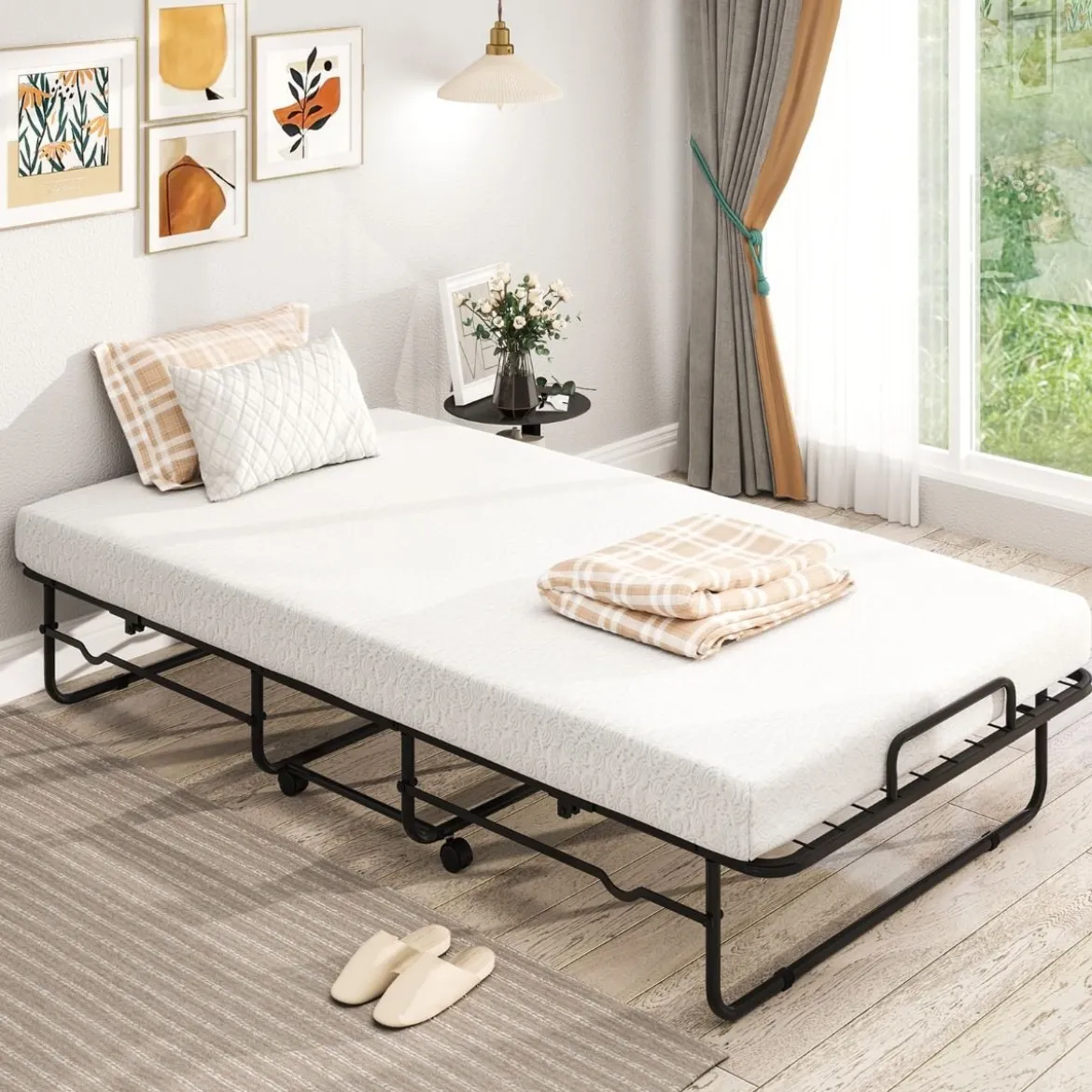 190 x 90 cm Klappbett mit Matratze & Feststellbaren Rollen Tragbares Gästebett