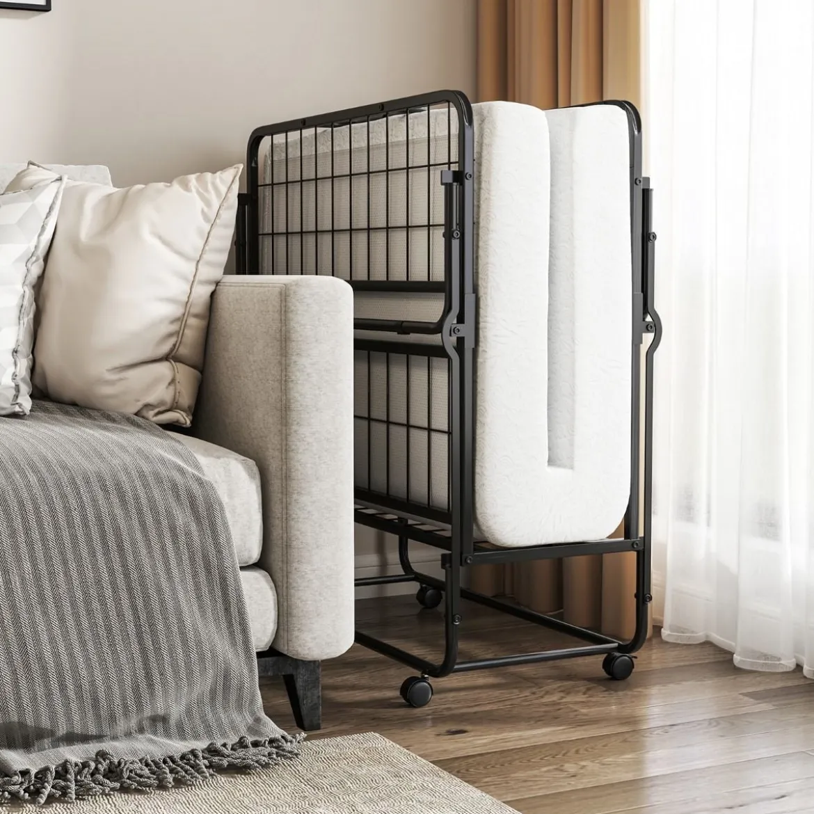 190 x 90 cm Klappbett mit Matratze & Feststellbaren Rollen Tragbares Gästebett