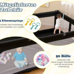 150 x 150 cm Laufstall Baby faltbar Laufgitter mit 50 Bälle 4 Griffe & Reißverschlusstor Hellgrau/Blau