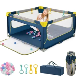150 x 150 cm Laufstall Baby faltbar Laufgitter mit 50 Bälle 4 Griffe & Reißverschlusstor Hellgrau/Blau