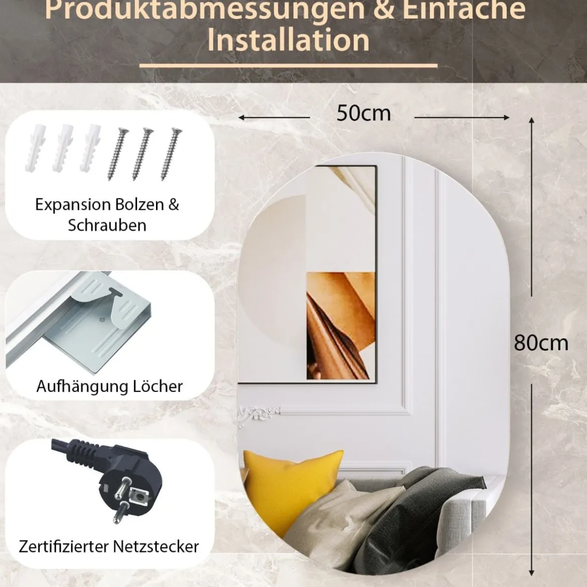 80 x 50 cm LED Wandspiegel Oval Dimmbarer Badezimmerspiegel