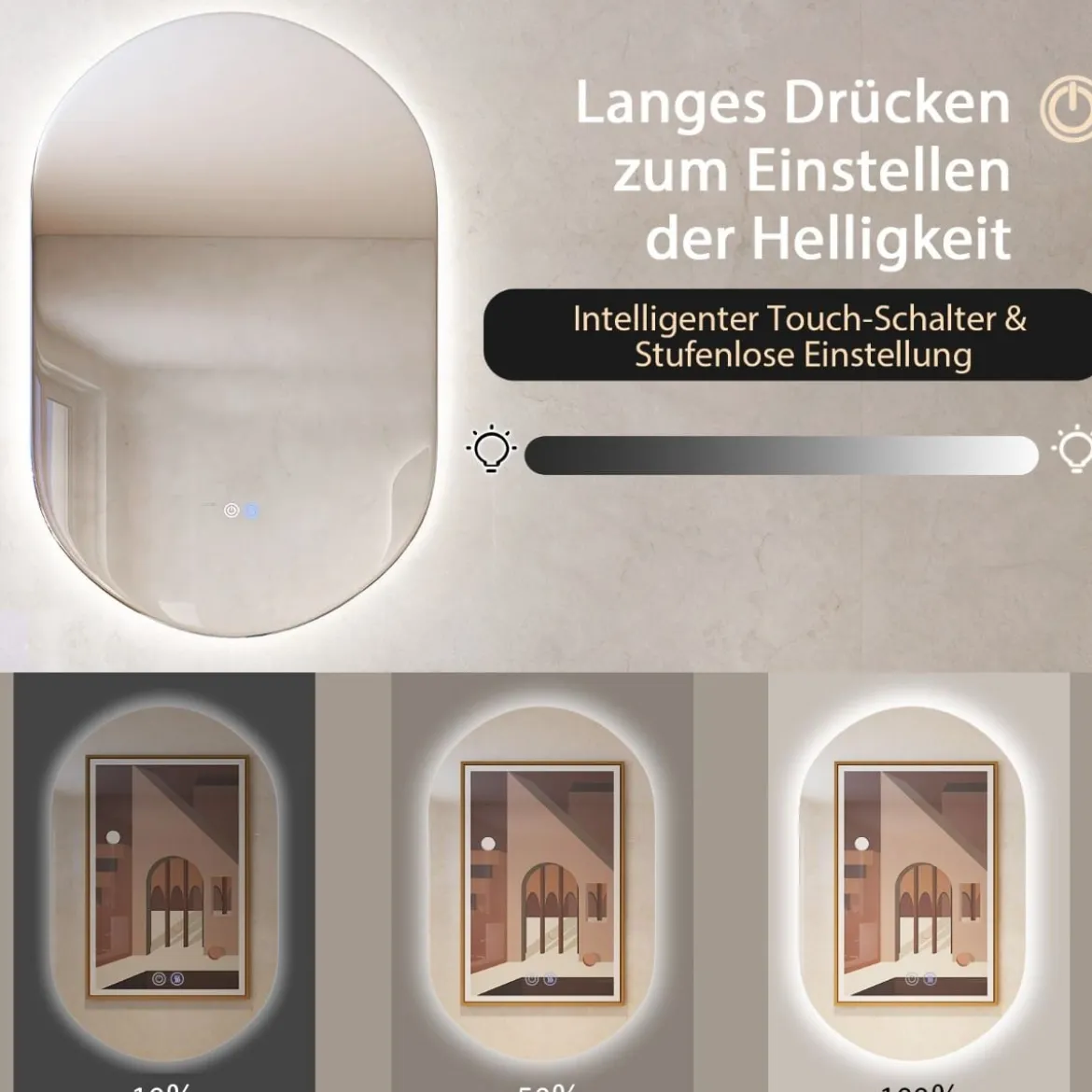 80 x 50 cm LED Wandspiegel Oval Dimmbarer Badezimmerspiegel