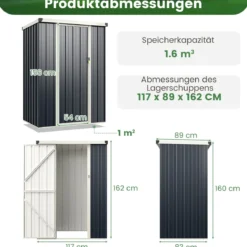 117 x 89 cm Metall Außenschuppen Wetterfest & Rostfreier Farbstahl Werkzeugschuppen mit abschließbarer Tür Grau