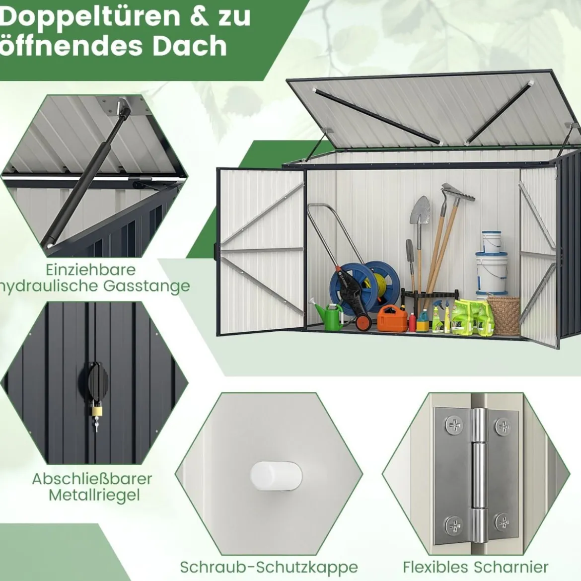 193 x 86cm Metall Outdoor Geräteschuppen wetterfest & rostfrei farbbeschichteter Stahlschuppen mit abschließbarer Tür Grau