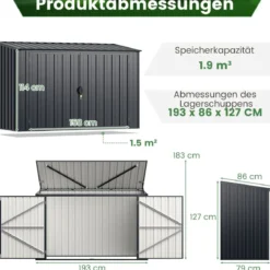 193 x 86cm Metall Outdoor Geräteschuppen wetterfest & rostfrei farbbeschichteter Stahlschuppen mit abschließbarer Tür Grau