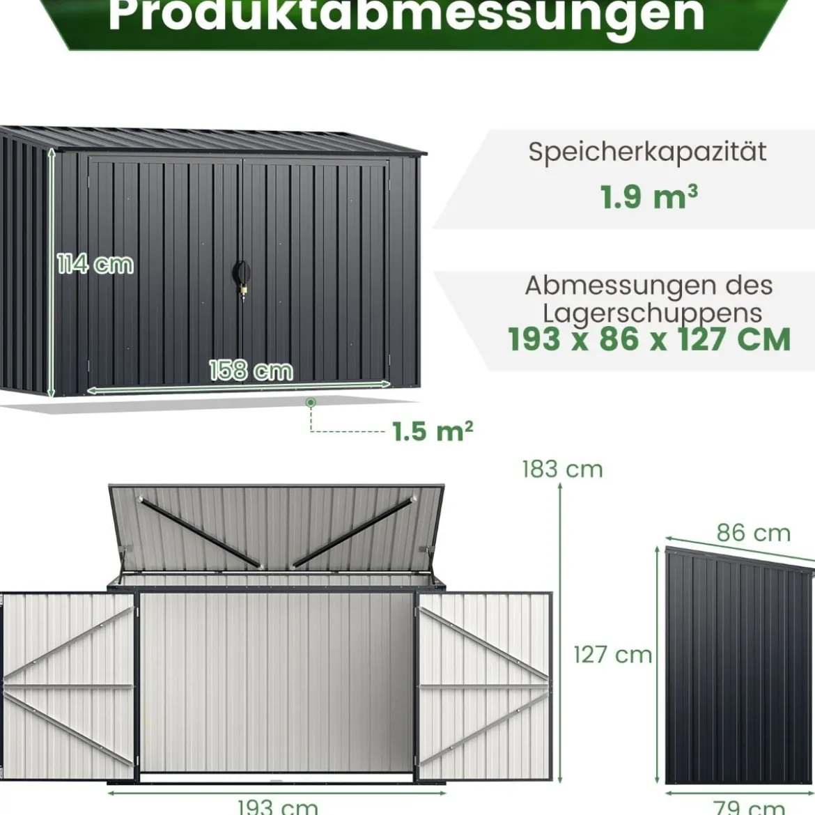 193 x 86cm Metall Outdoor Geräteschuppen wetterfest & rostfrei farbbeschichteter Stahlschuppen mit abschließbarer Tür Grau