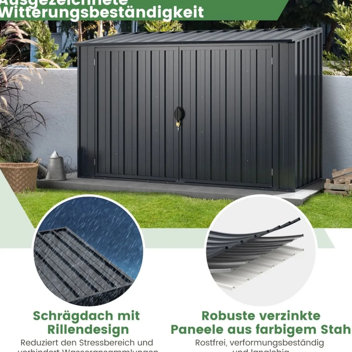 193 x 86cm Metall Outdoor Geräteschuppen wetterfest & rostfrei farbbeschichteter Stahlschuppen mit abschließbarer Tür Grau