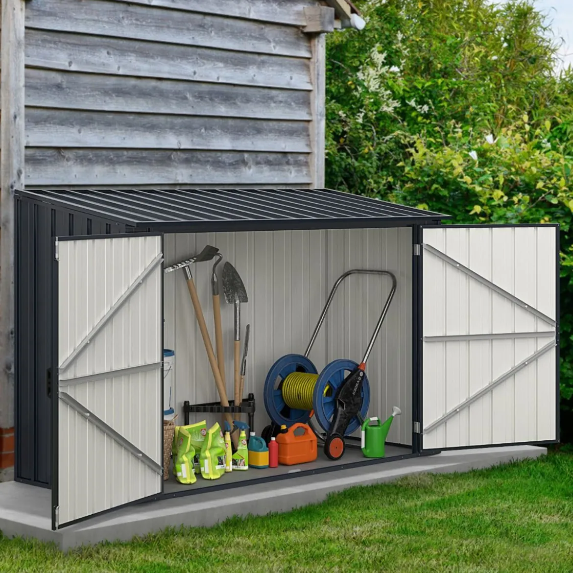 193 x 86cm Metall Outdoor Geräteschuppen wetterfest & rostfrei farbbeschichteter Stahlschuppen mit abschließbarer Tür Grau