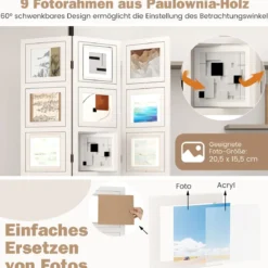 170 x 121 cm Paravent mit 360° Drehbare 9 Fotorahmen Raumteiler aus Paulowniaholz Weiß