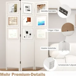 170 x 121 cm Paravent mit 360° Drehbare 9 Fotorahmen Raumteiler aus Paulowniaholz Weiß