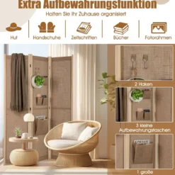 170 x 121 cm Paravent mit 2 Haken & 4 Aufbewahrungstaschen Raumteiler Trennwand