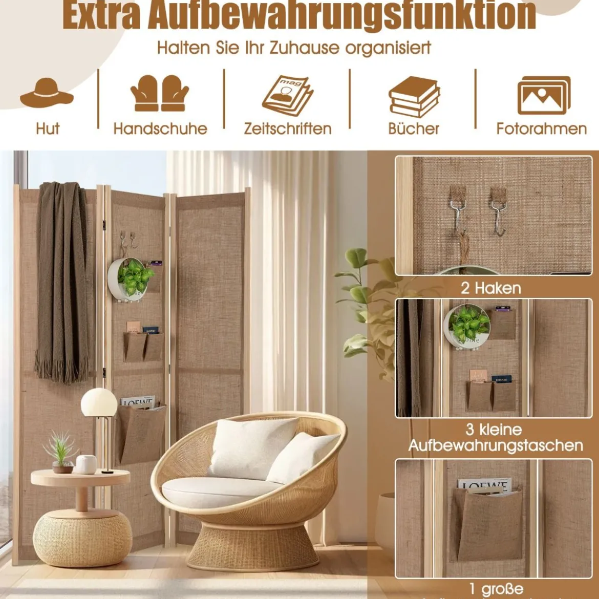 170 x 121 cm Paravent mit 2 Haken & 4 Aufbewahrungstaschen Raumteiler Trennwand