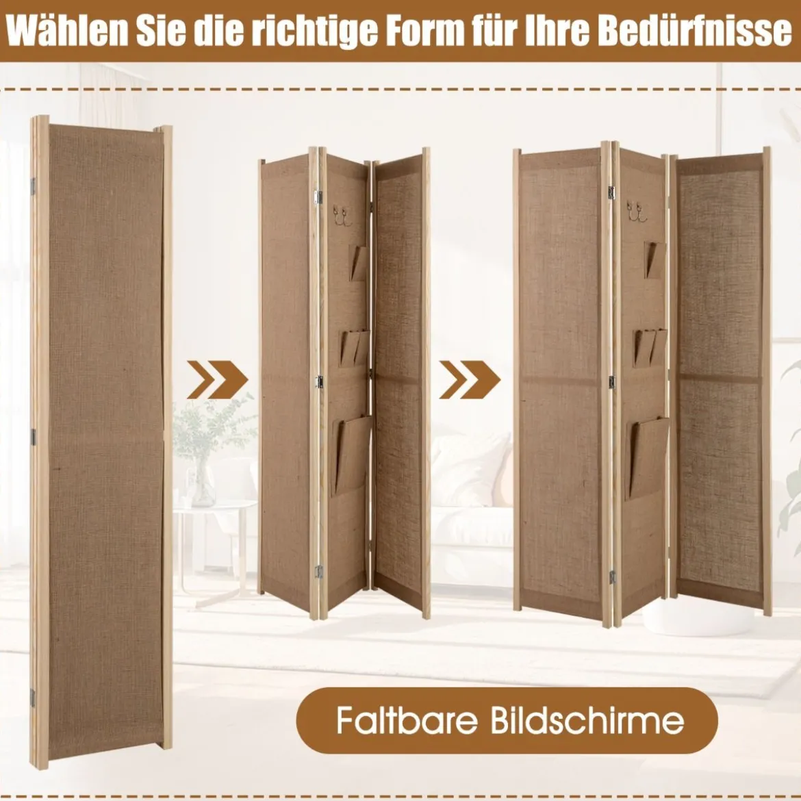 170 x 121 cm Paravent mit 2 Haken & 4 Aufbewahrungstaschen Raumteiler Trennwand