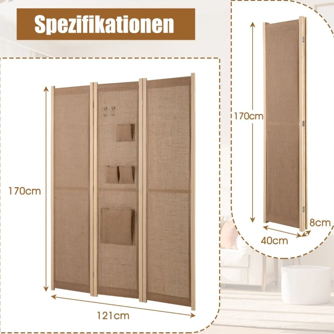 170 x 121 cm Paravent mit 2 Haken & 4 Aufbewahrungstaschen Raumteiler Trennwand