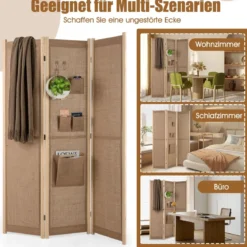 170 x 121 cm Paravent mit 2 Haken & 4 Aufbewahrungstaschen Raumteiler Trennwand