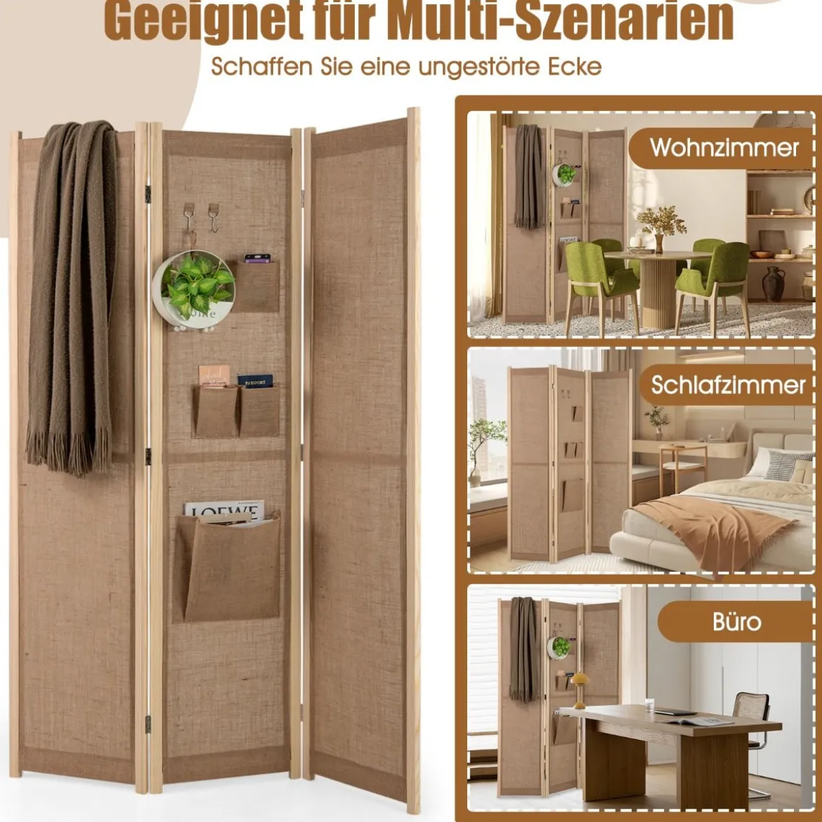 170 x 121 cm Paravent mit 2 Haken & 4 Aufbewahrungstaschen Raumteiler Trennwand